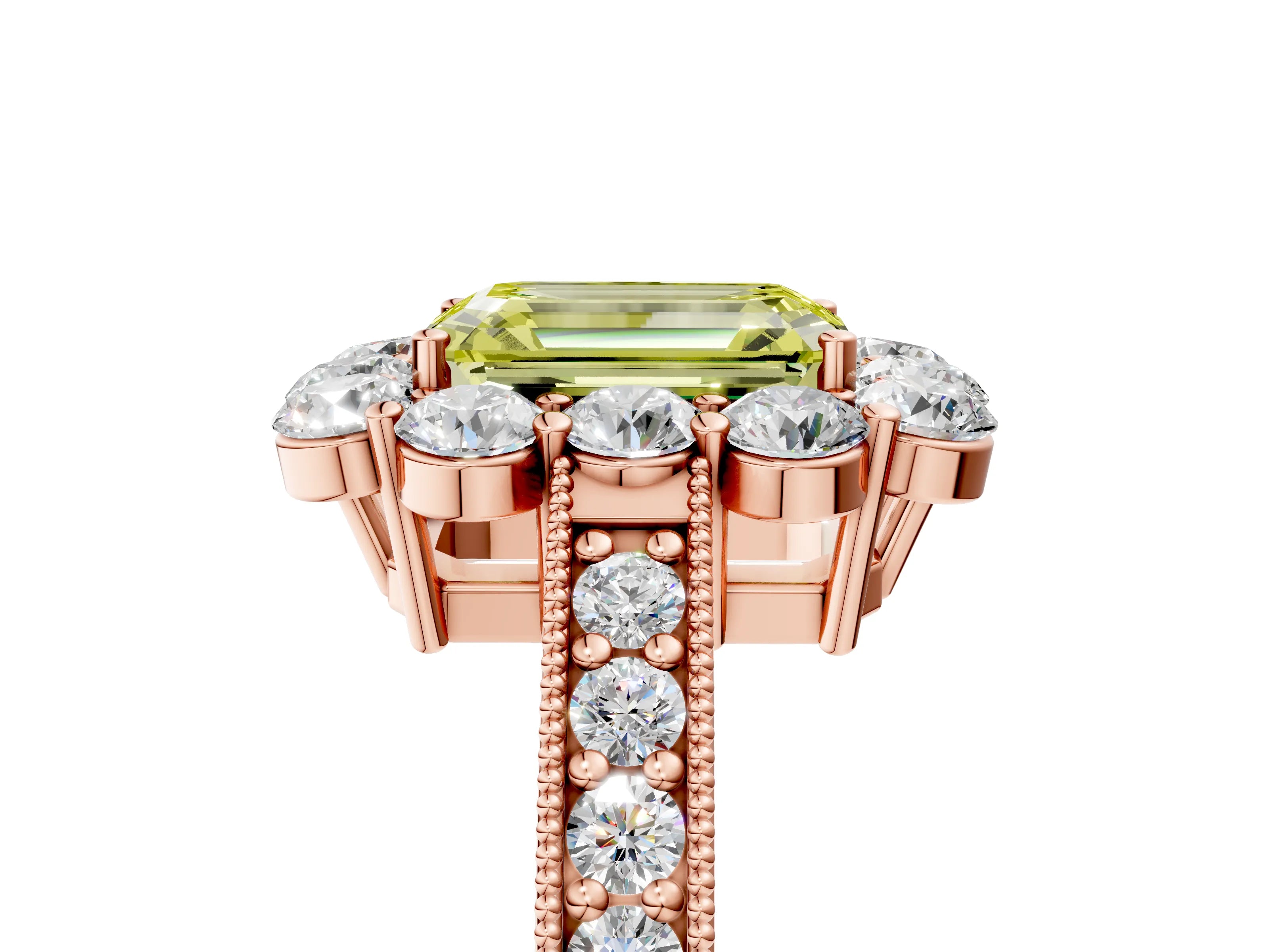 Rose gold Fancy Yellow Emerald Cut Cut Halo Diamond Pavé Engagement Ring with Milgrain Detailing_5