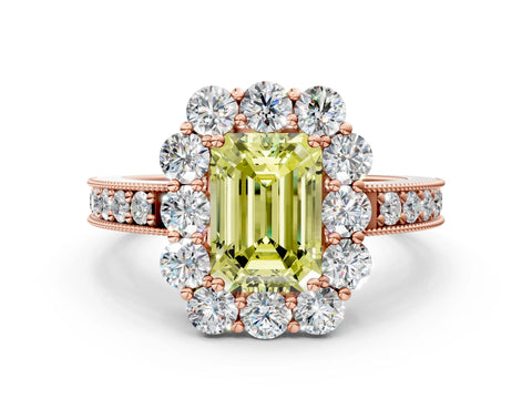 Rose gold Fancy Yellow Emerald Cut Cut Halo Diamond Pavé Engagement Ring with Milgrain Detailing