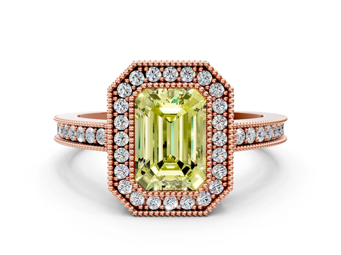 Rose gold Fancy Yellow Emerald Cut Cut Halo Pavé Diamond Ring