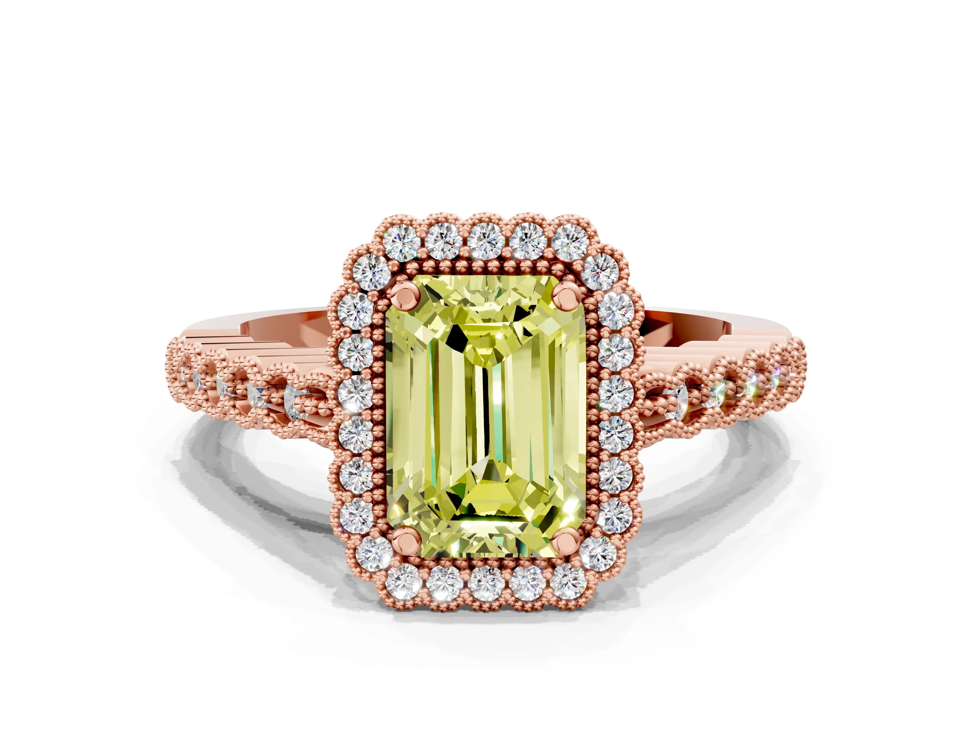 Rose gold Fancy Yellow Emerald Cut Cut Halo Pavé Solitaire Ring with Milgrain Band