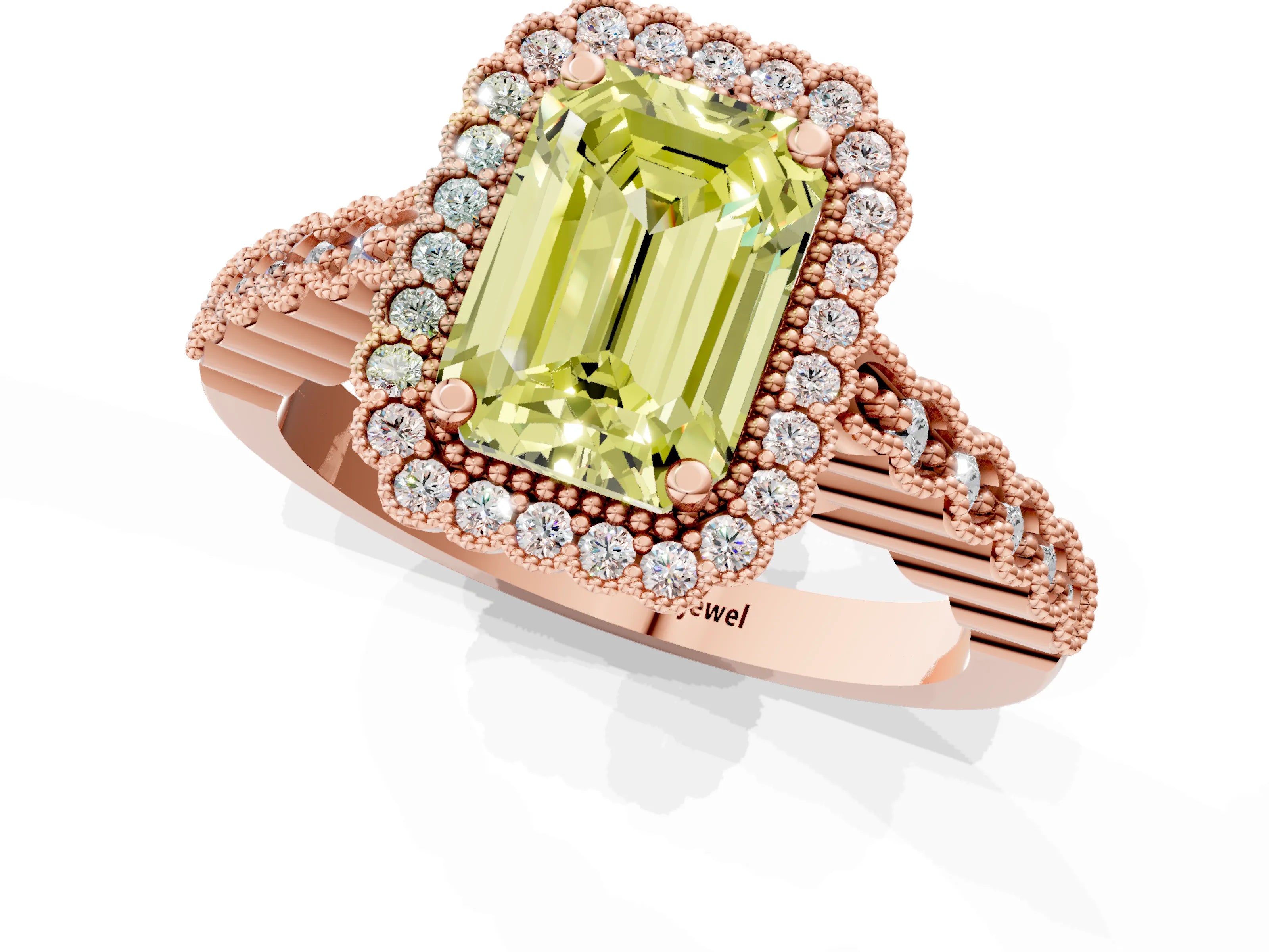 Rose gold Fancy Yellow Emerald Cut Cut Halo Pavé Solitaire Ring with Milgrain Band_1