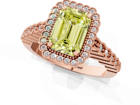 Rose gold Fancy Yellow Emerald Cut Cut Halo Pavé Solitaire Ring with Milgrain Band_1