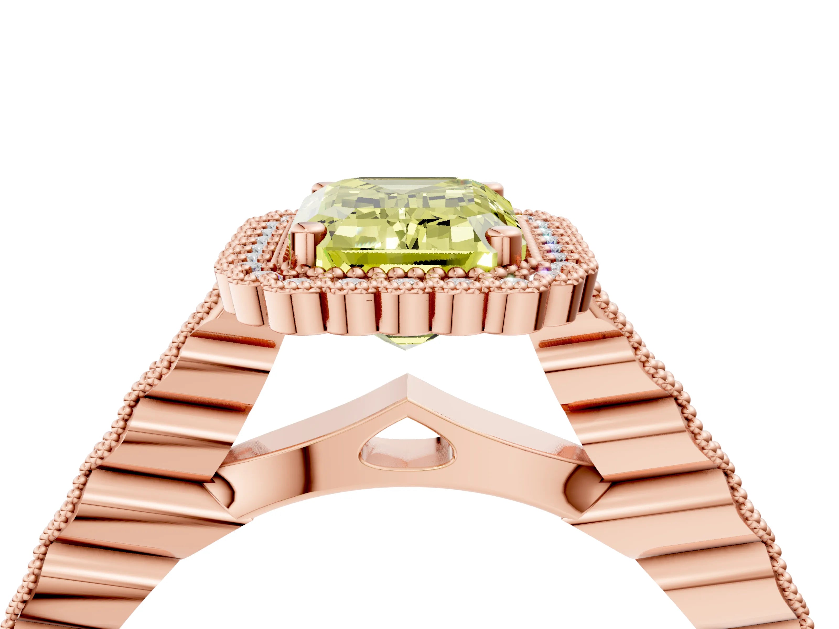 Rose gold Fancy Yellow Emerald Cut Cut Halo Pavé Solitaire Ring with Milgrain Band_4