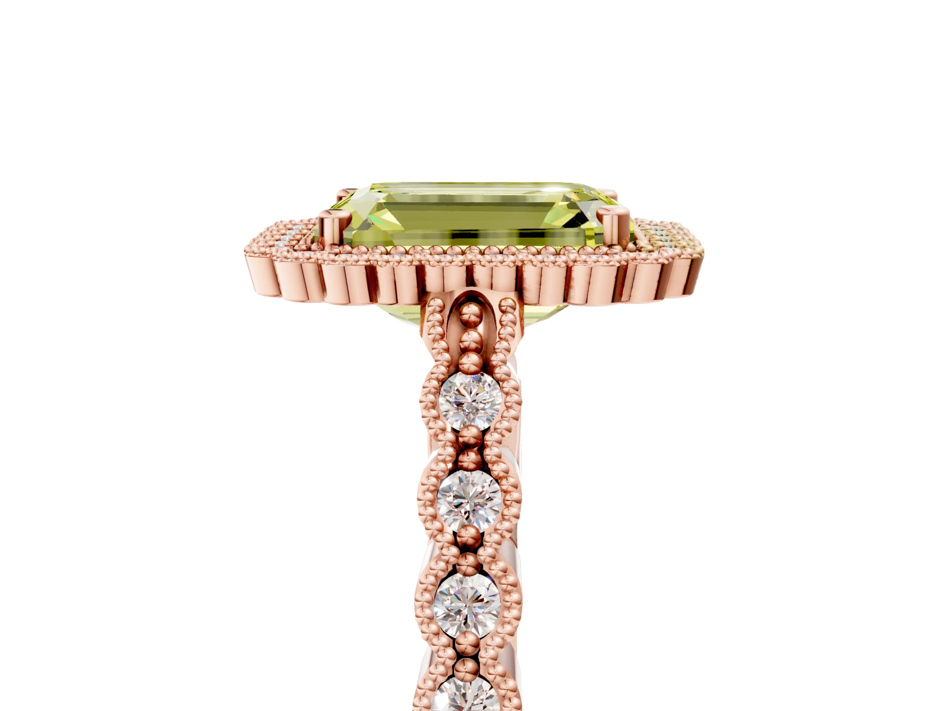 Rose gold Fancy Yellow Emerald Cut Cut Halo Pavé Solitaire Ring with Milgrain Band_5