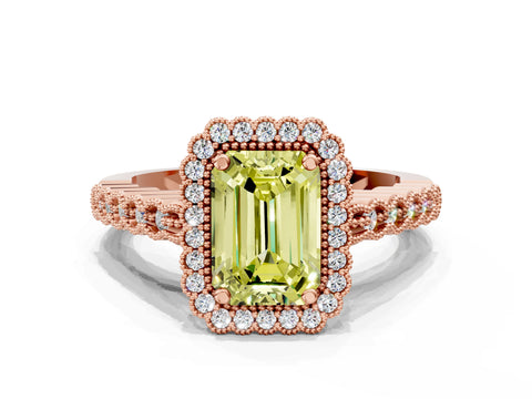 Rose gold Fancy Yellow Emerald Cut Cut Halo Pavé Solitaire Ring with Milgrain Band