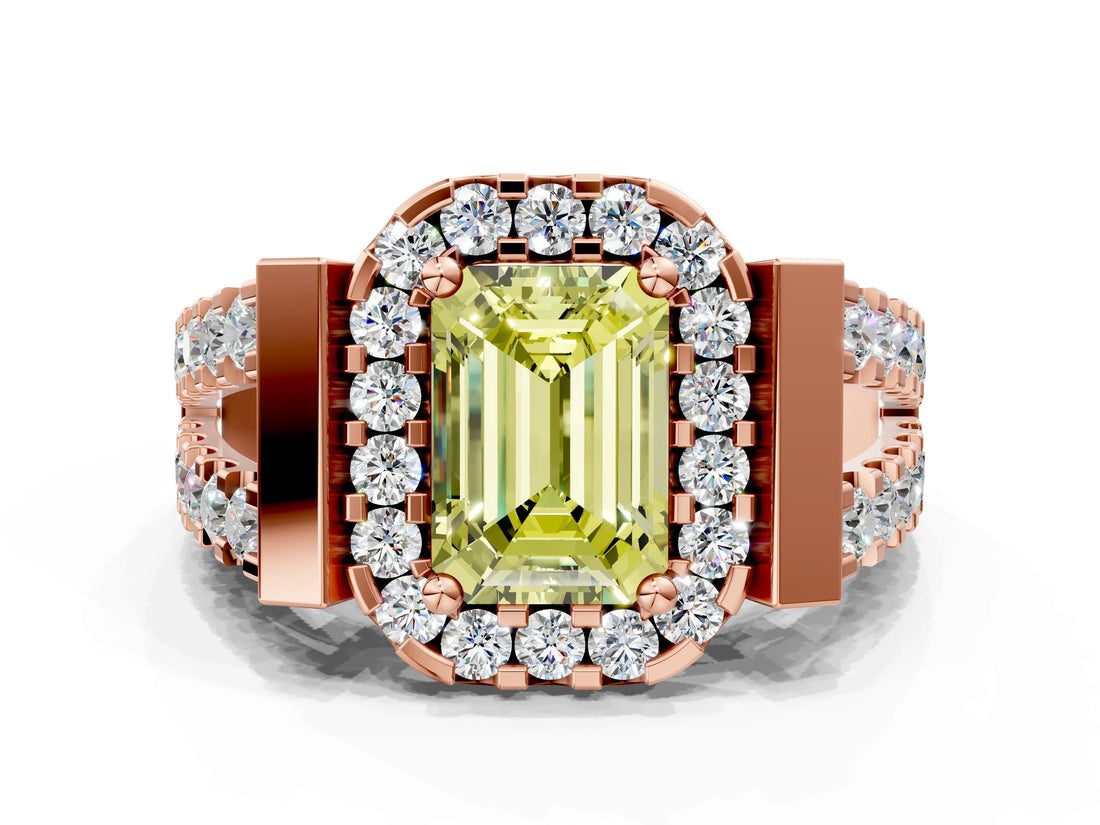 Rose gold Fancy Yellow Emerald Cut Cut Halo Split Shank Prong Set Ring