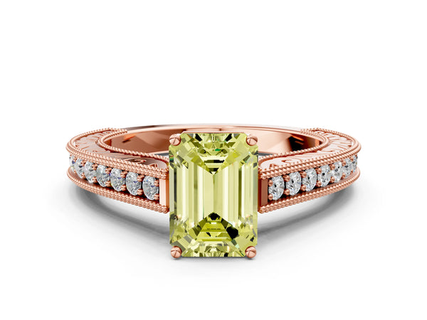 Rose gold Fancy Yellow Emerald Cut Cut Pave Band Milgrain Solitaire Ring