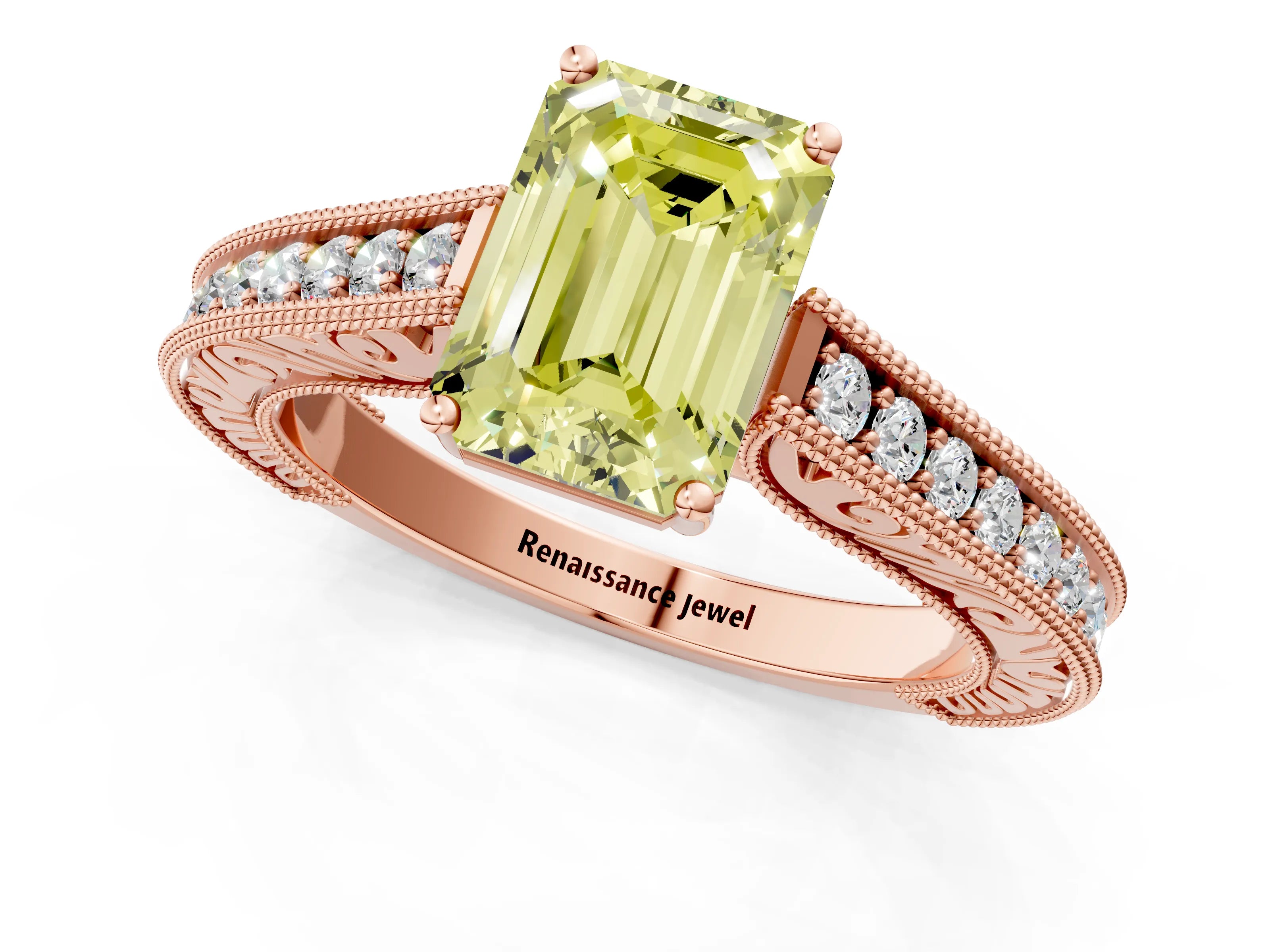 Rose gold Fancy Yellow Emerald Cut Cut Pave Band Milgrain Solitaire Ring_1