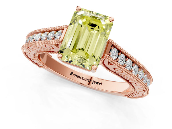 Rose gold Fancy Yellow Emerald Cut Cut Pave Band Milgrain Solitaire Ring