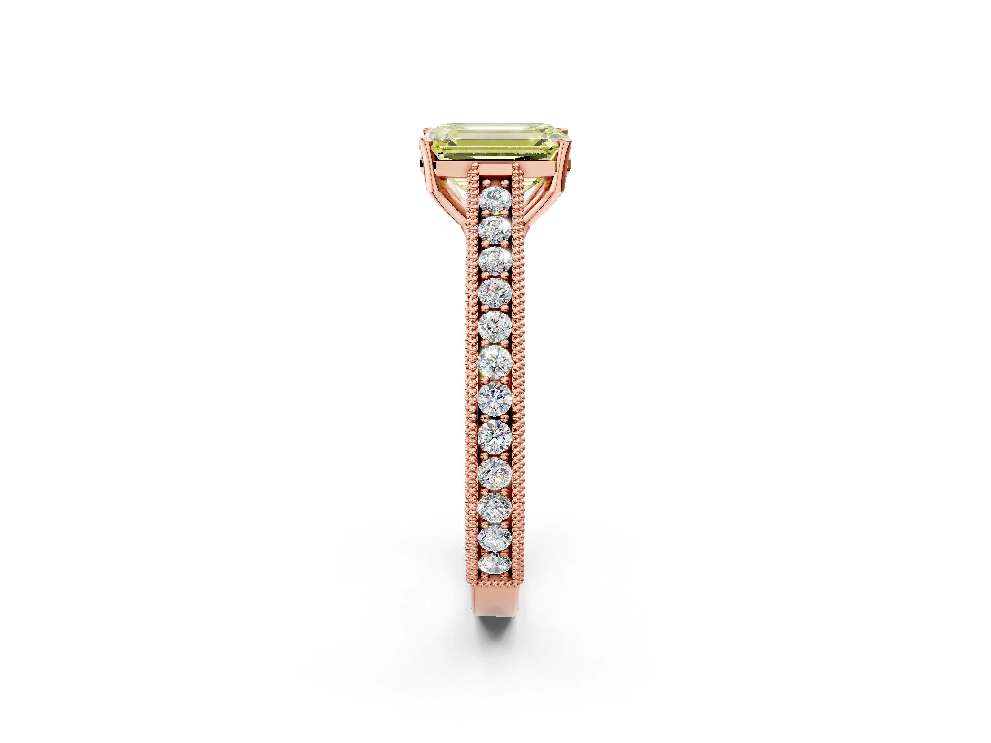 Rose gold Fancy Yellow Emerald Cut Cut Pave Band Milgrain Solitaire Ring_2