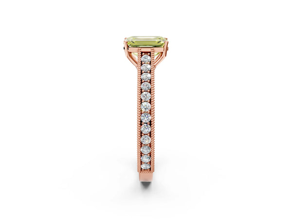 Rose gold Fancy Yellow Emerald Cut Cut Pave Band Milgrain Solitaire Ring