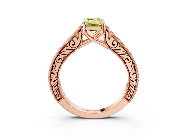 Rose gold Fancy Yellow Emerald Cut Cut Pave Band Milgrain Solitaire Ring