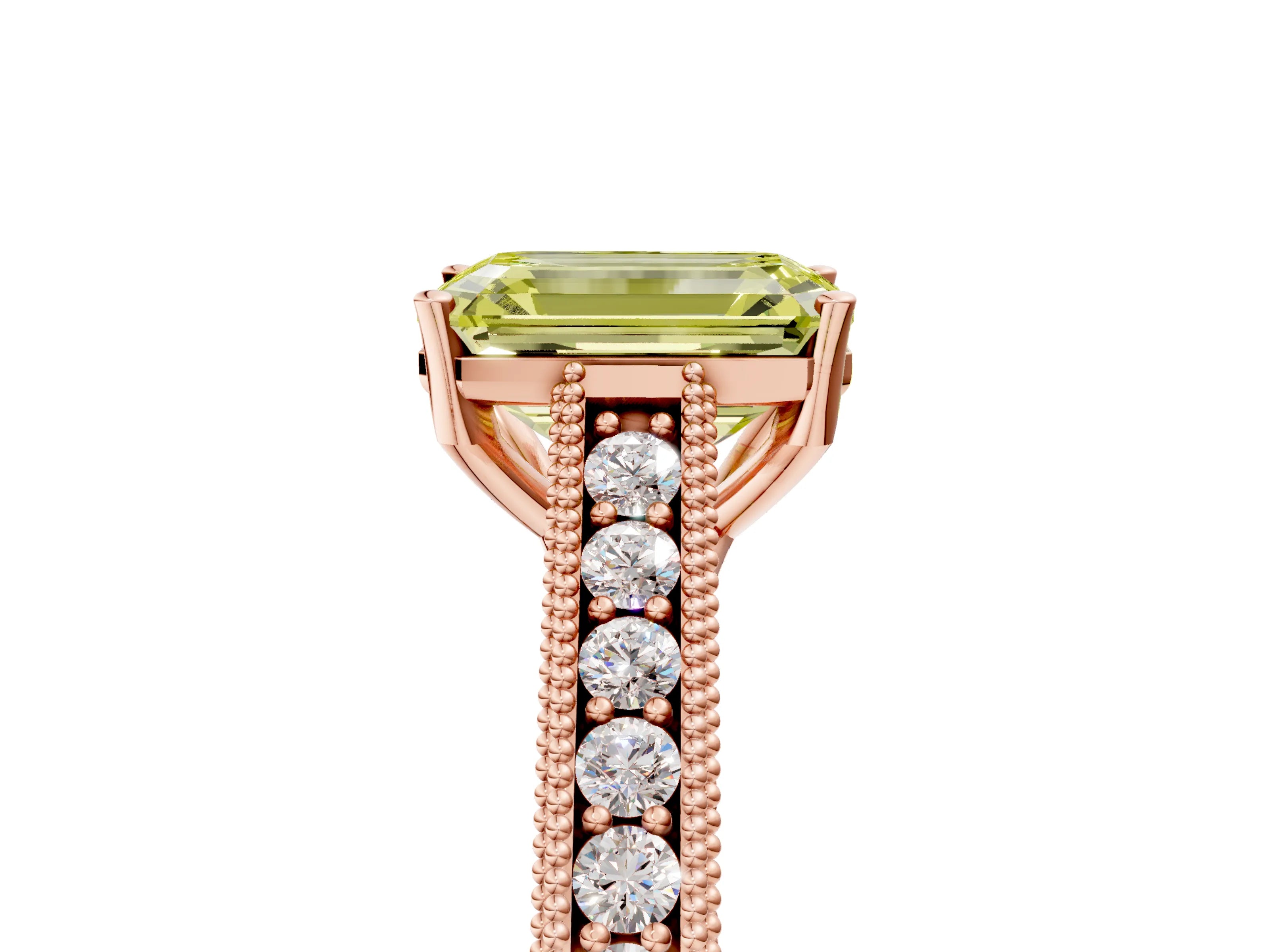 Rose gold Fancy Yellow Emerald Cut Cut Pave Band Milgrain Solitaire Ring_5