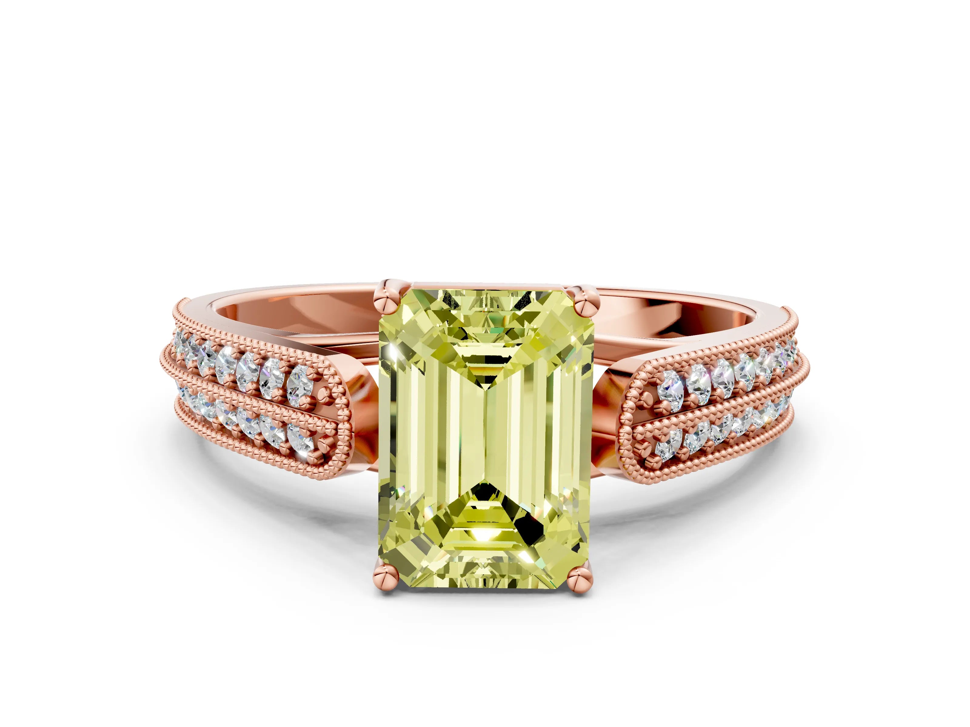Rose gold Fancy Yellow Emerald Cut Cut Pave Split Shank Engagement Ring with Four-Prong Setting