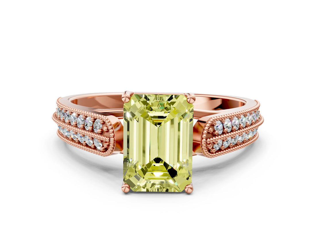 Rose gold Fancy Yellow Emerald Cut Cut Pave Split Shank Engagement Ring with Four-Prong Setting