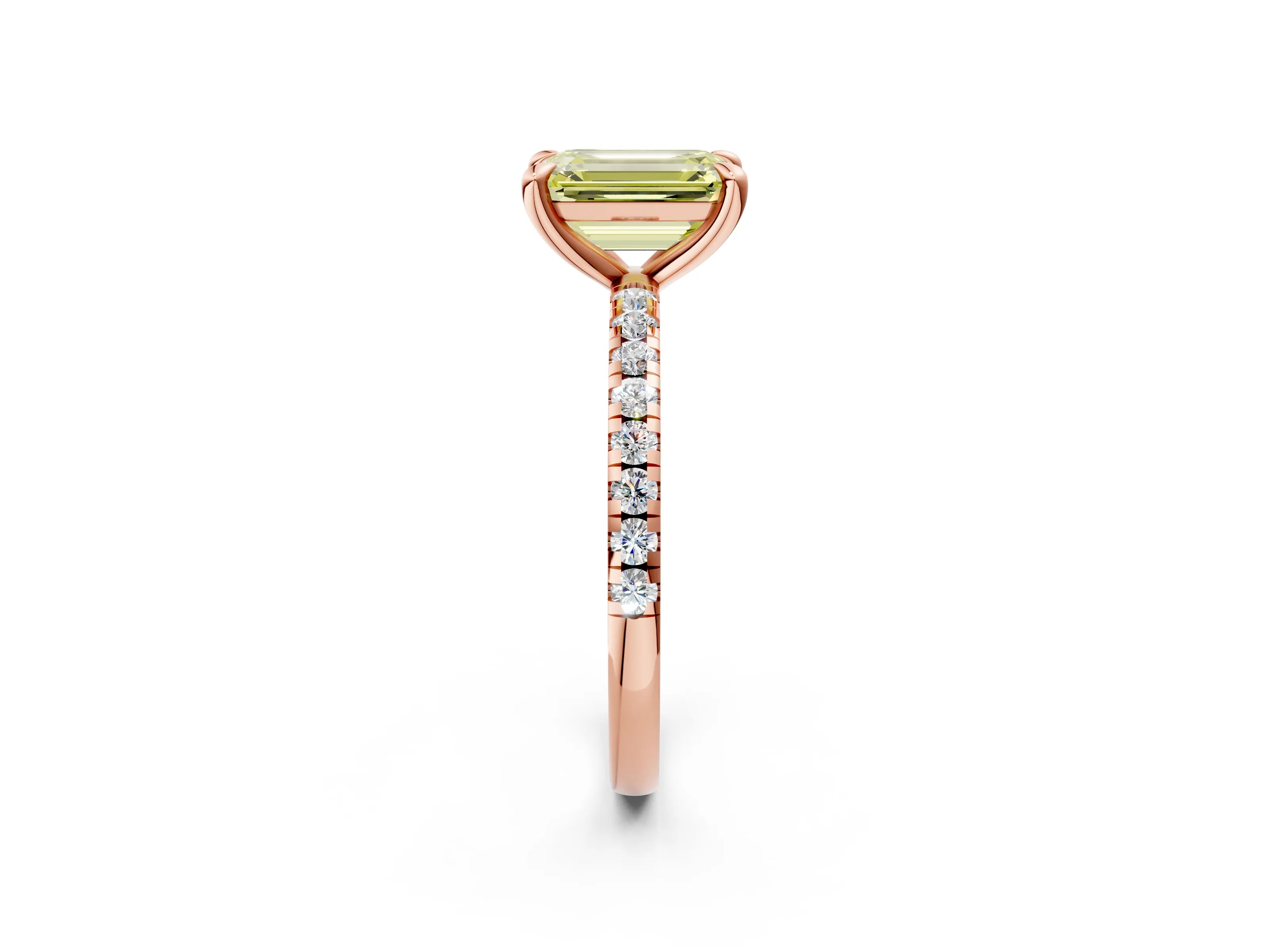 Rose gold Fancy Yellow Emerald Cut Diamond Brilliant Solitaire Ring with Pavé Band and Four-Prong Setting_2