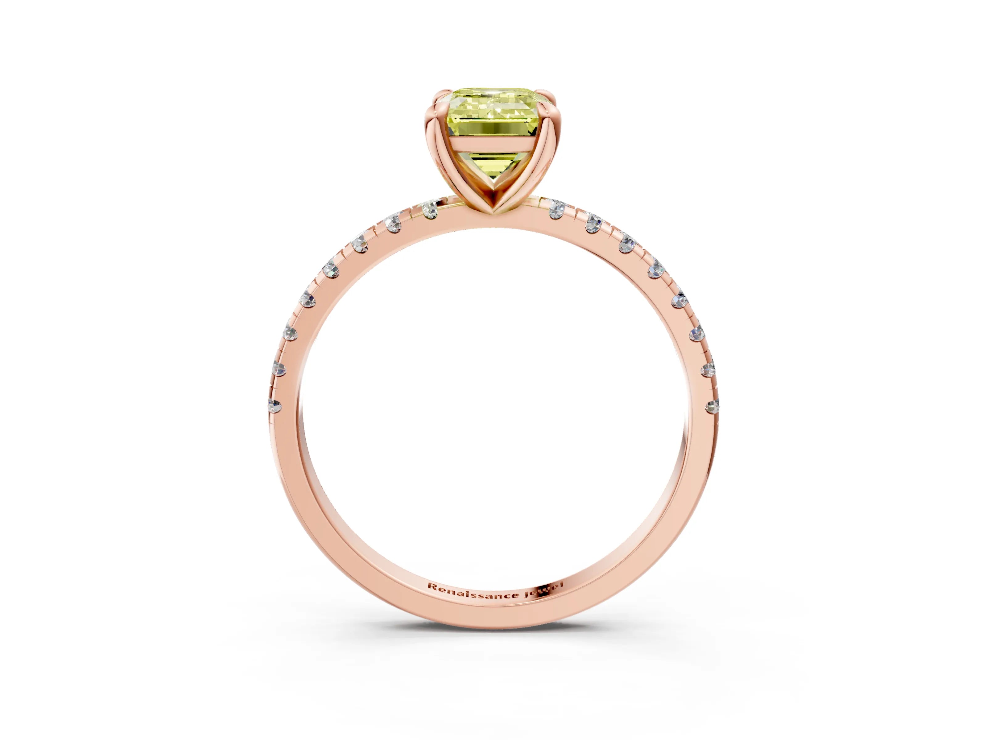 Rose gold Fancy Yellow Emerald Cut Diamond Brilliant Solitaire Ring with Pavé Band and Four-Prong Setting_3