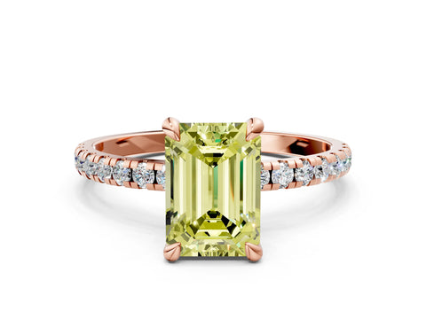 Rose gold Fancy Yellow Emerald Cut Diamond Brilliant Solitaire Ring with Pavé Band and Four-Prong Setting