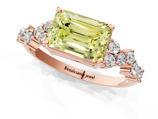 Rose gold Fancy Yellow Emerald Cut Diamond Cluster Pavé Band with Four-Prong Setting