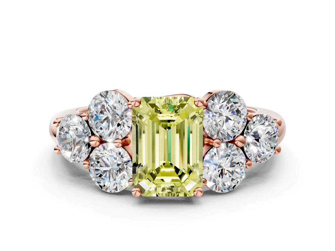 Rose gold Fancy Yellow Emerald  Cut Diamond Cluster Ring with Round Accent Stones and Prong Setting on a Classic Band_48