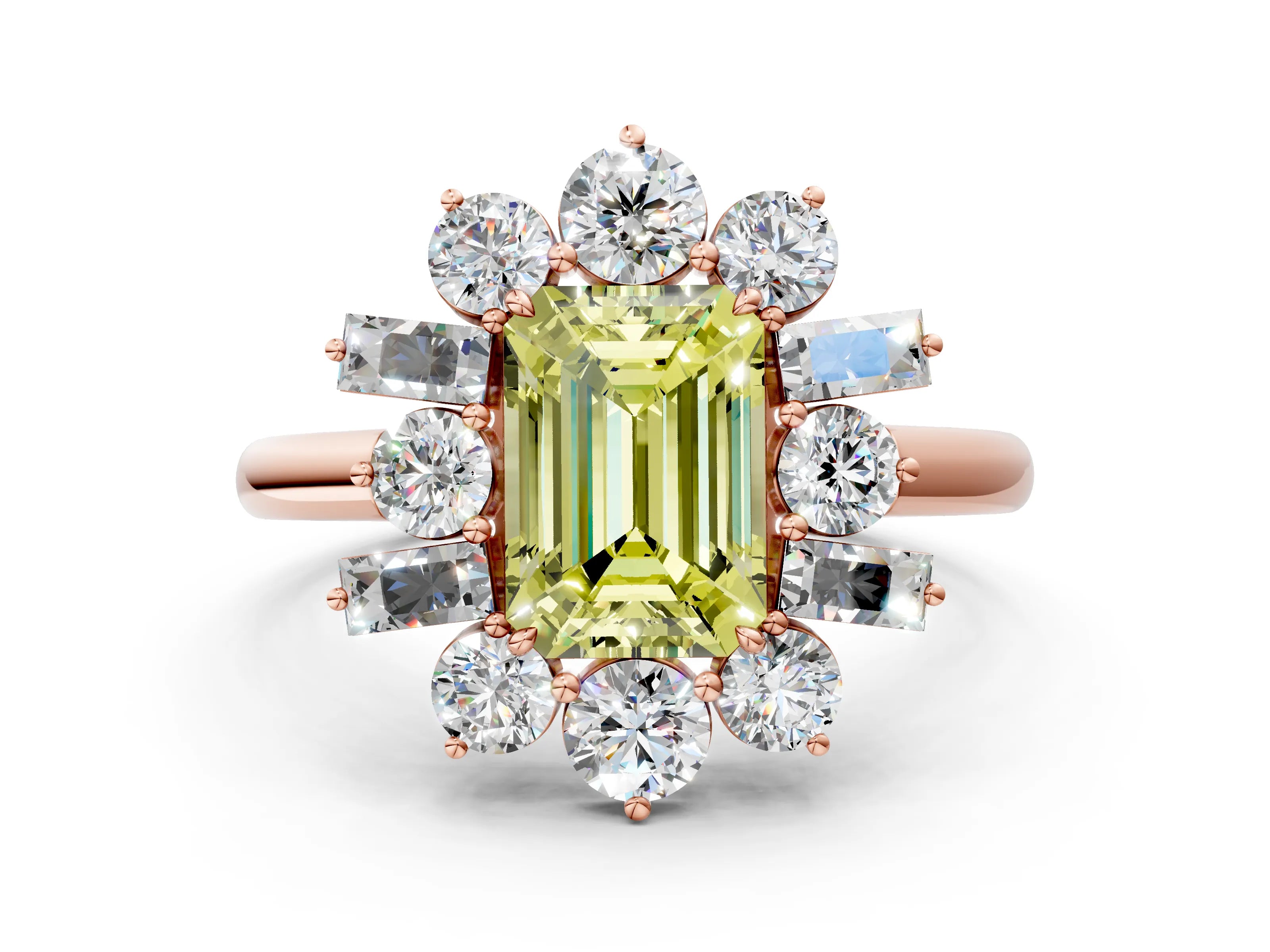 Rose gold Fancy Yellow Emerald Cut Diamond Cluster Ring with Round and Baguette Stones, Split Shank Band, Prong Setting