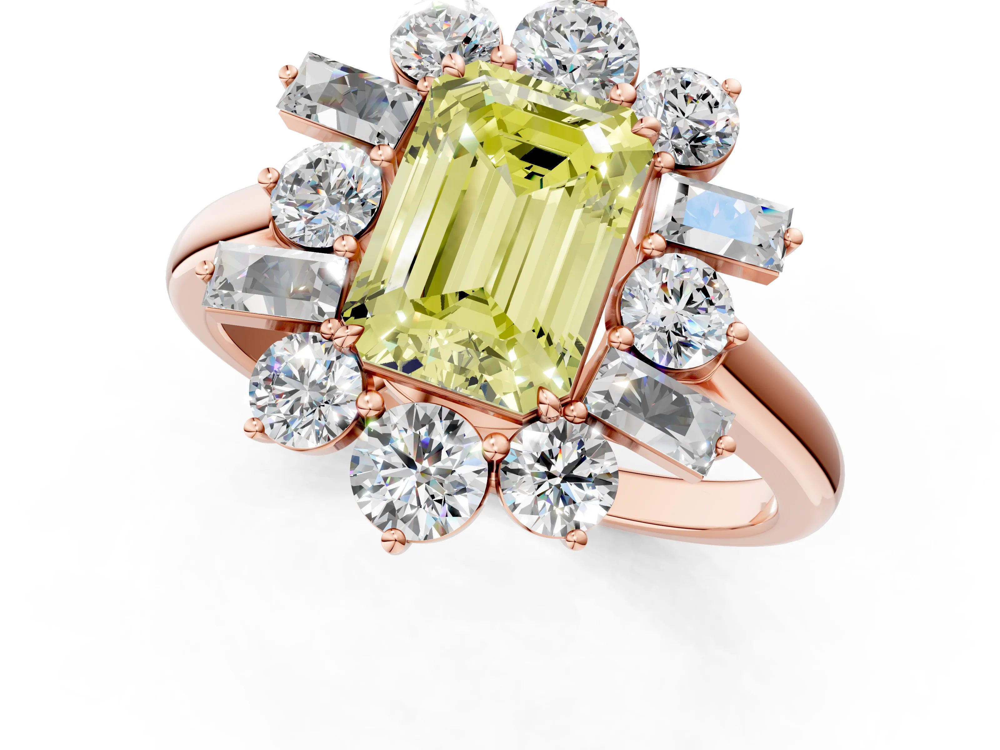 Rose gold Fancy Yellow Emerald Cut Diamond Cluster Ring with Round and Baguette Stones, Split Shank Band, Prong Setting_1