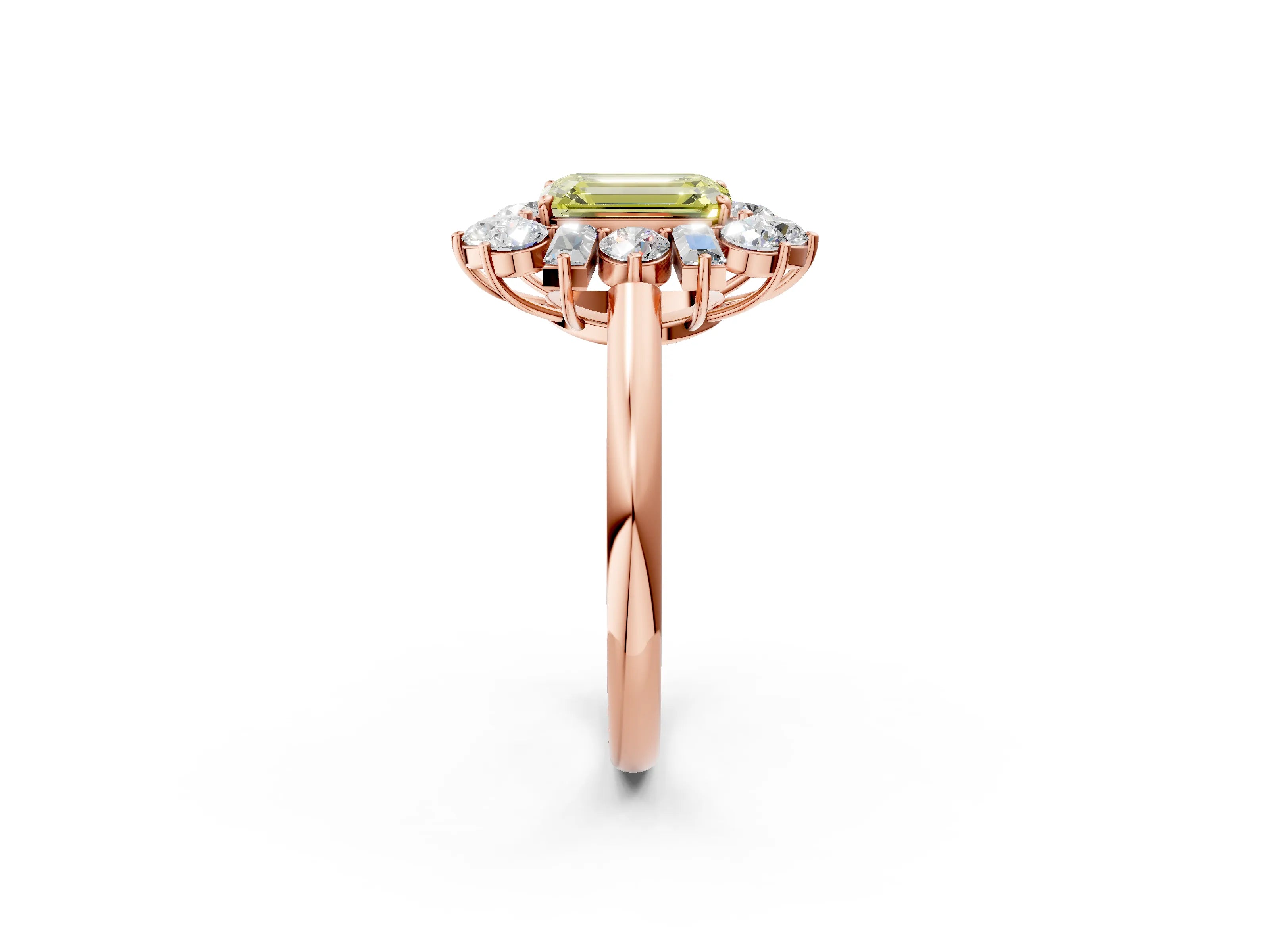 Rose gold Fancy Yellow Emerald Cut Diamond Cluster Ring with Round and Baguette Stones, Split Shank Band, Prong Setting_2