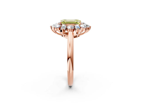 Rose gold Fancy Yellow Emerald Cut Diamond Cluster Ring with Round and Baguette Stones, Split Shank Band, Prong Setting_2