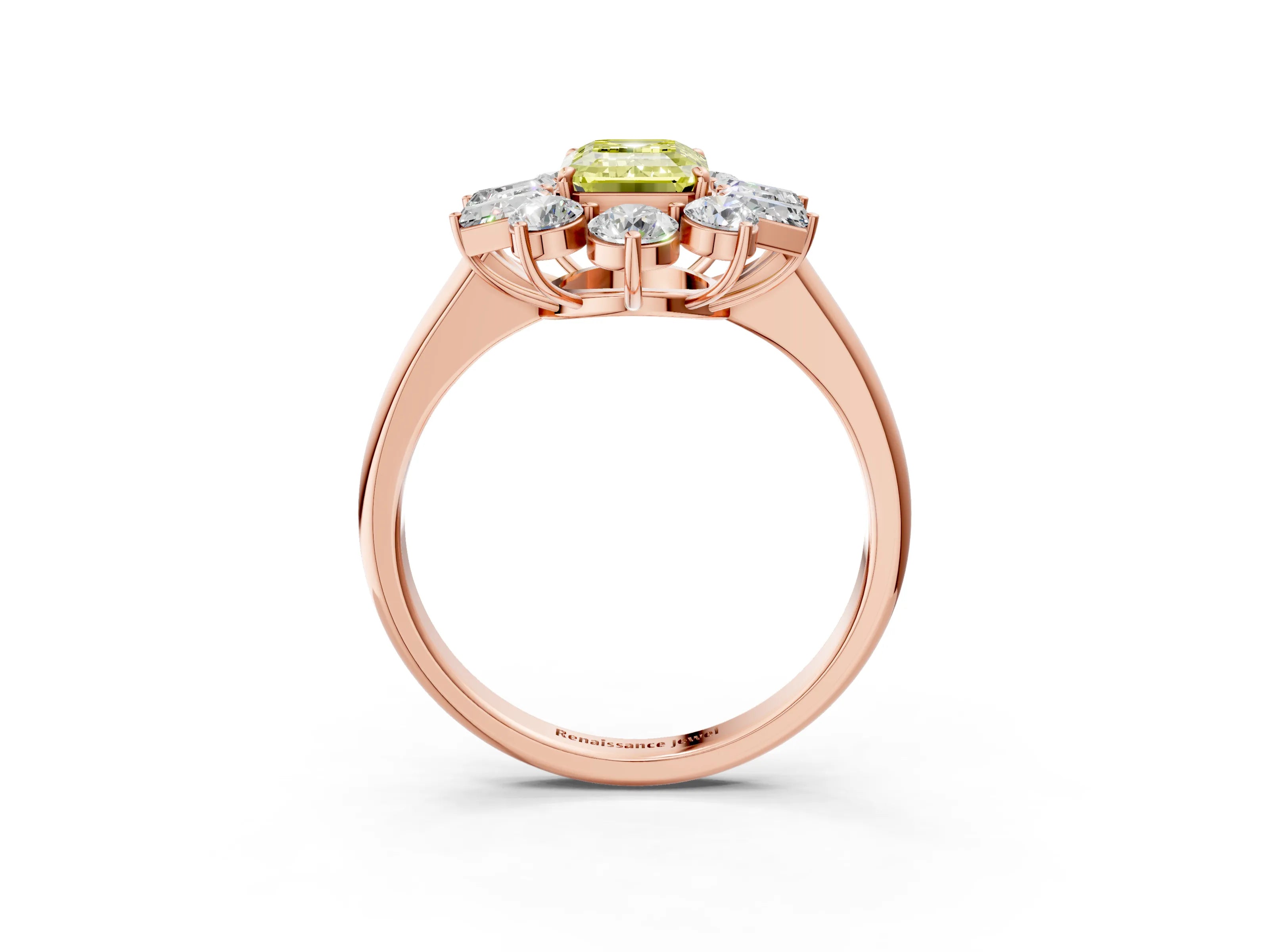 Rose gold Fancy Yellow Emerald Cut Diamond Cluster Ring with Round and Baguette Stones, Split Shank Band, Prong Setting_3
