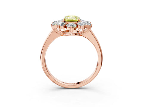 Rose gold Fancy Yellow Emerald Cut Diamond Cluster Ring with Round and Baguette Stones, Split Shank Band, Prong Setting_3