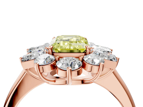 Rose gold Fancy Yellow Emerald Cut Diamond Cluster Ring with Round and Baguette Stones, Split Shank Band, Prong Setting_4