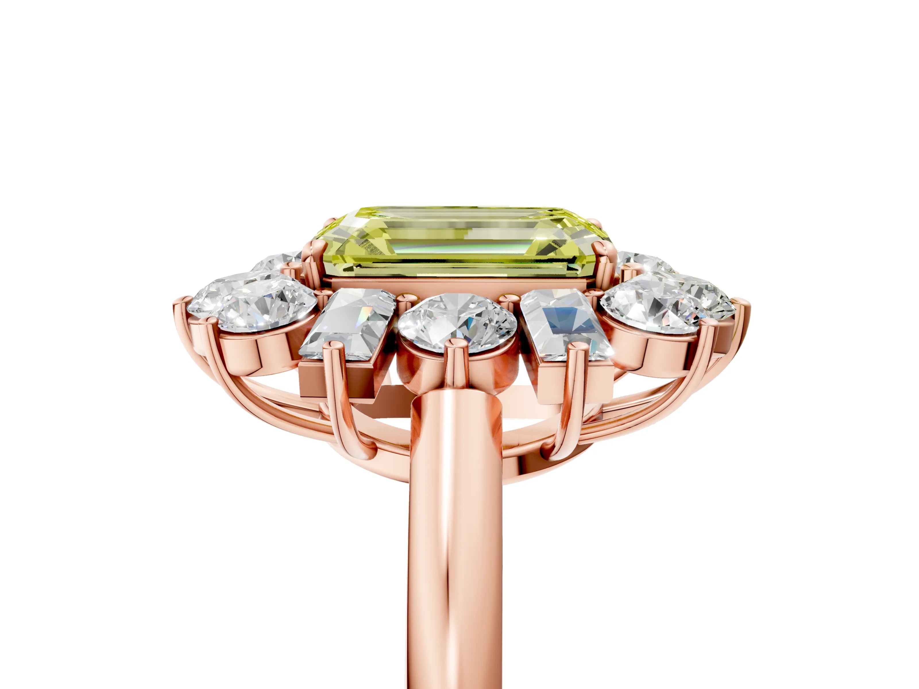 Rose gold Fancy Yellow Emerald Cut Diamond Cluster Ring with Round and Baguette Stones, Split Shank Band, Prong Setting_5