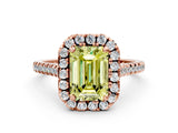 Rose gold Fancy Yellow Emerald Cut Diamond Cushion Halo Ring with Pavé Band