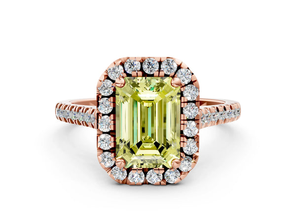 Rose Gold Emerald Cut Contoured Halo Pave Engagement Ring Setting for Fancy Yellow Center