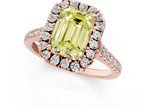 Rose gold Fancy Yellow Emerald Cut Diamond Cushion Halo Ring with Pavé Band_1
