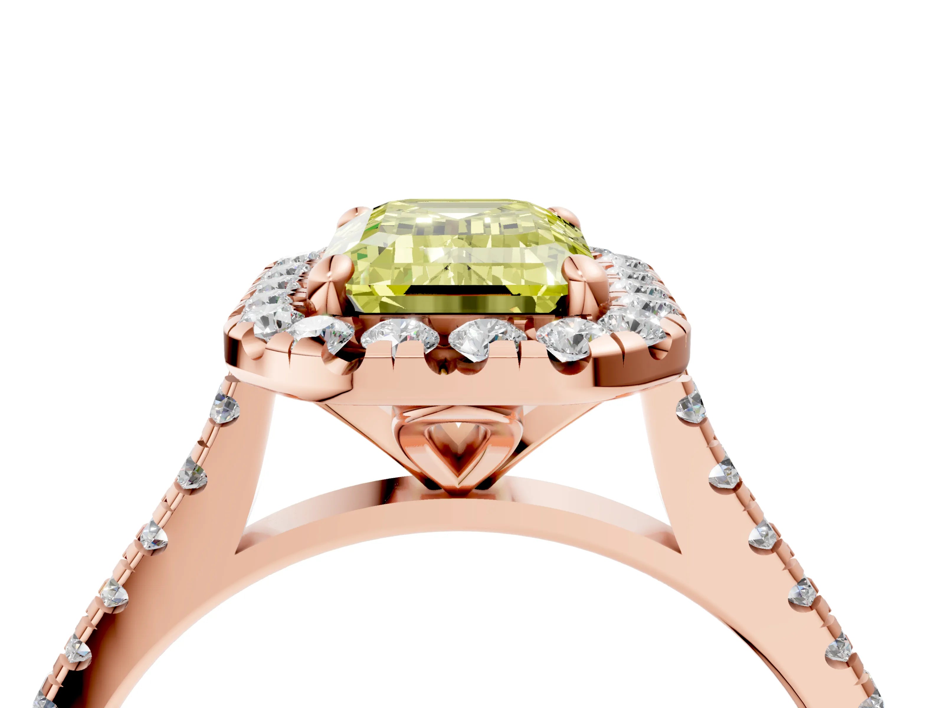 Rose gold Fancy Yellow Emerald Cut Diamond Cushion Halo Ring with Pavé Band_4