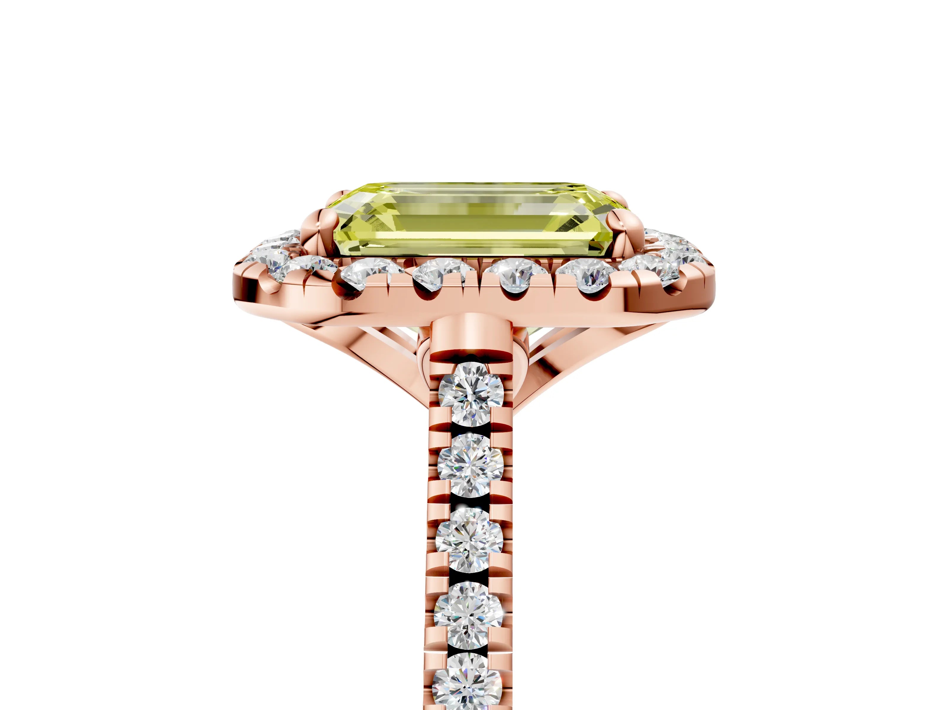Rose gold Fancy Yellow Emerald Cut Diamond Cushion Halo Ring with Pavé Band_5