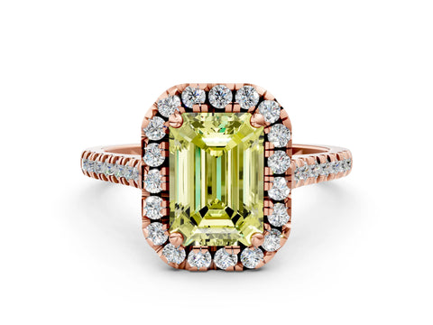 Rose gold Fancy Yellow Emerald Cut Diamond Cushion Halo Ring with Pavé Band