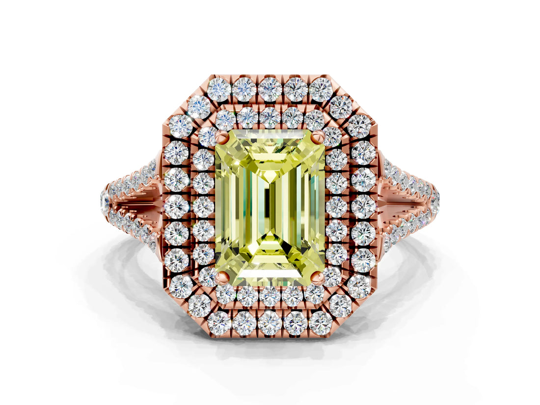 Rose gold Fancy Yellow Emerald Cut Diamond Double Halo Ring with Pavé Band and Prong Setting_76