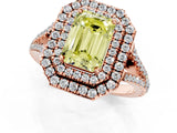 Rose gold Fancy Yellow Emerald Cut Diamond Double Halo Ring with Pavé Band and Prong Setting_77