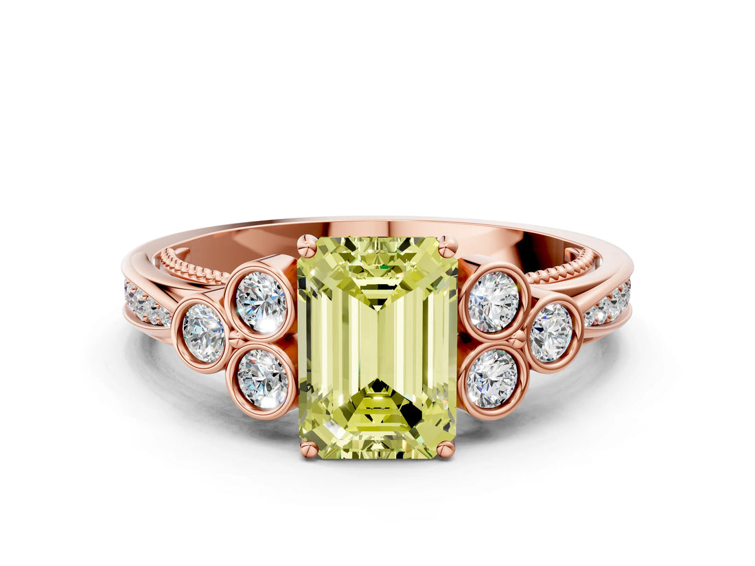Rose gold Fancy Yellow Emerald  Cut Diamond Engagement Ring with Bezel Set Round Side Stones and Prong Setting_49