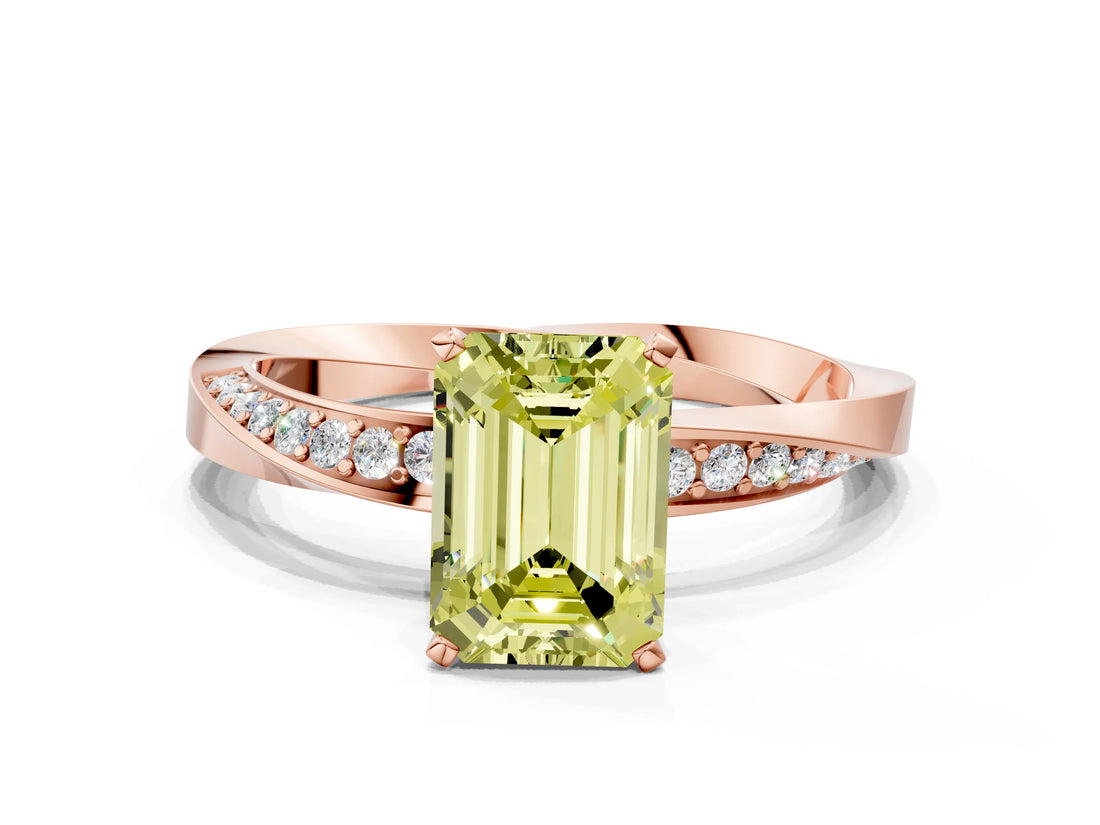 Rose gold Fancy Yellow Emerald Cut Diamond Engagement Ring with Side Stone Accents and Four-Prong Setting_72