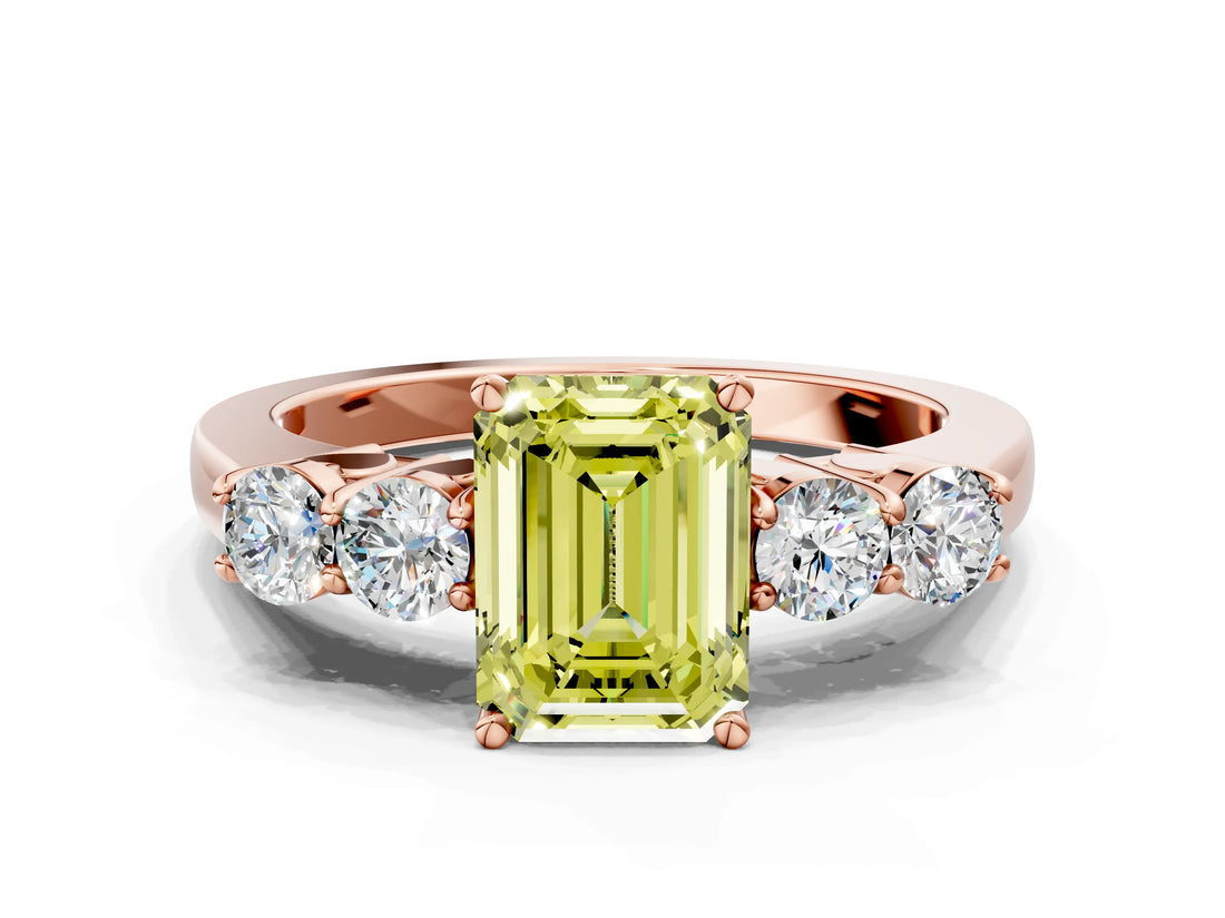 Rose gold Fancy Yellow Emerald  Cut Diamond Five-Stone Prong Set White Gold Ring_32