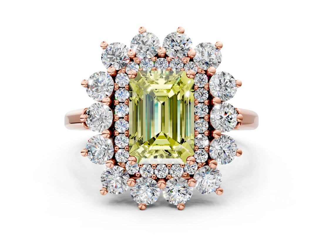 Rose gold Fancy Yellow Emerald Cut Diamond Floral Double Halo Engagement Ring with Prong Setting_24