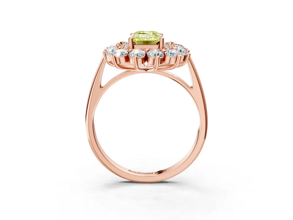 Rose Gold Emerald Cut Floral Double Halo Engagement Ring Setting for Fancy Yellow Center