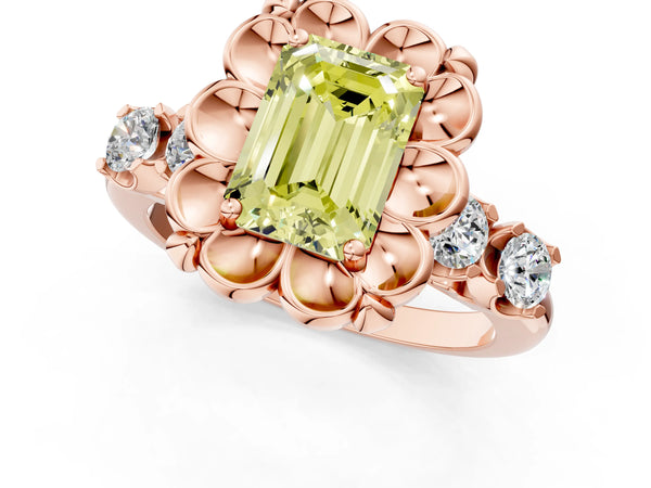 Rose gold Fancy Yellow Emerald  Cut Diamond Floral Halo Engagement Ring with Shared Prong Setting