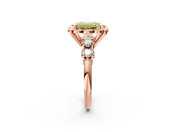 Rose gold Fancy Yellow Emerald  Cut Diamond Floral Halo Engagement Ring with Shared Prong Setting