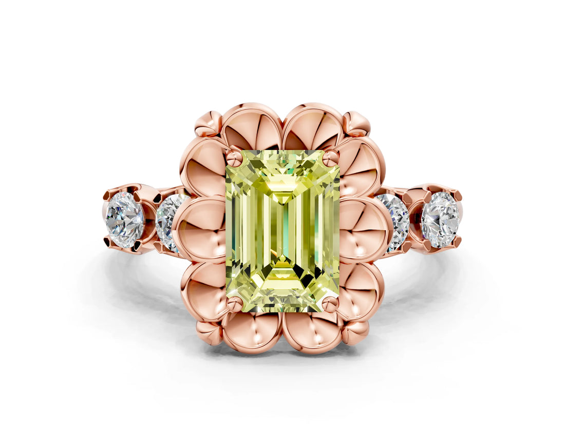 Rose gold Fancy Yellow Emerald  Cut Diamond Floral Halo Engagement Ring with Shared Prong Setting
