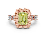 Rose gold Fancy Yellow Emerald  Cut Diamond Floral Halo Engagement Ring with Shared Prong Setting