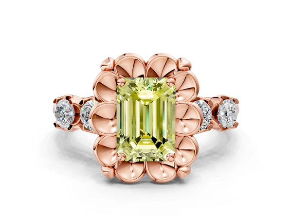 Rose gold Fancy Yellow Emerald  Cut Diamond Floral Halo Engagement Ring with Shared Prong Setting